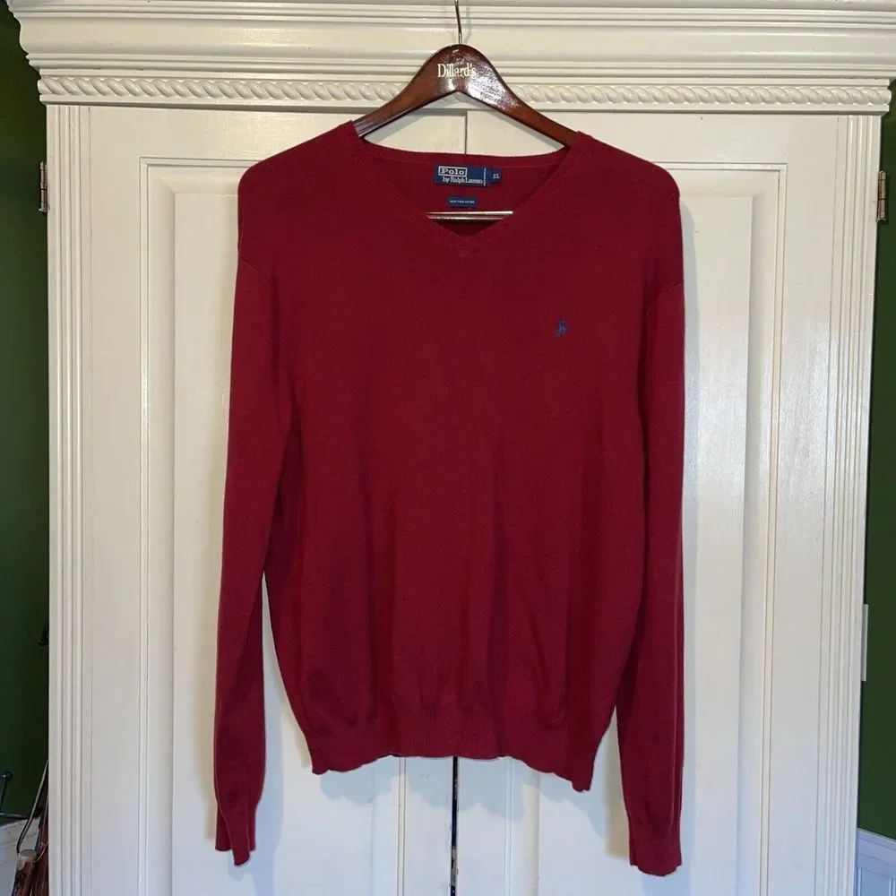 Polo‎ Ralph Lauren Sweater Men XL Red 100% Pima Cotton Soft Blue Logo Preppy